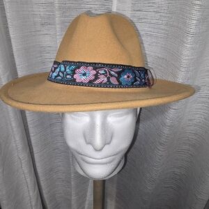 Felt Tan Hat with Blue Floral Band Boho Chic Western Laniey Wilson